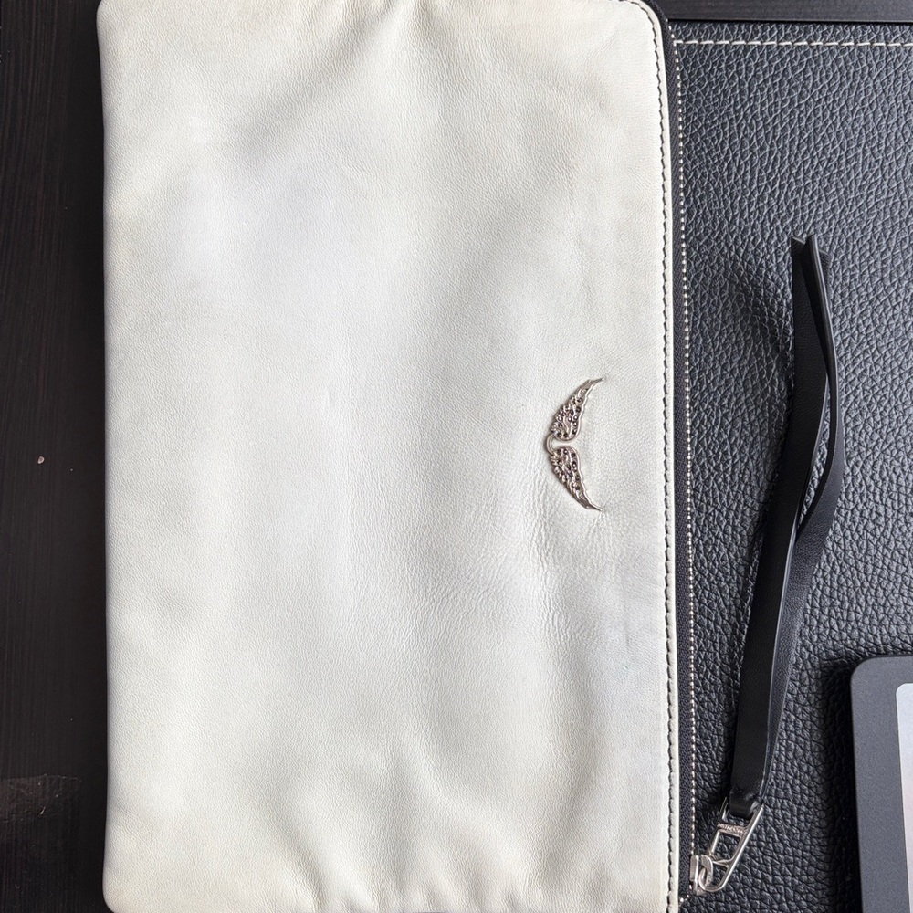Zadig and Voltaire white leather clutch bag black white woman motorcycle logo - Picture 4 of 11